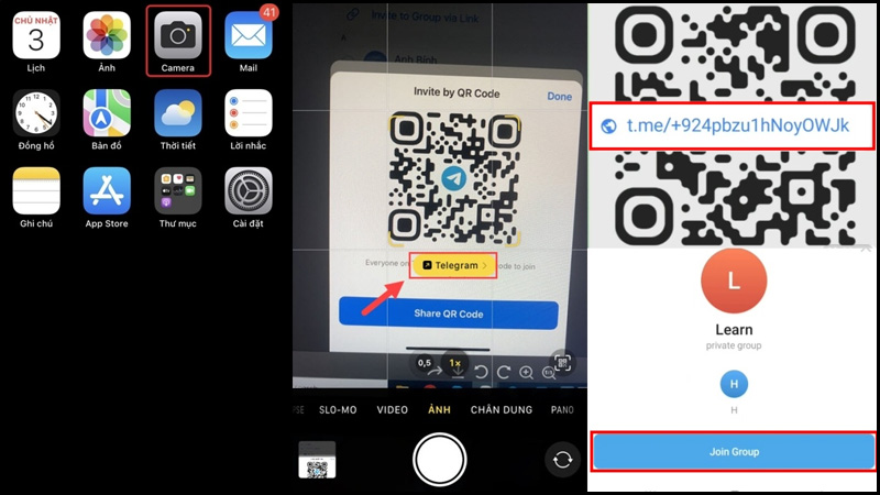 Quét mã Telegram để vào nhóm trên điện thoại iPhone