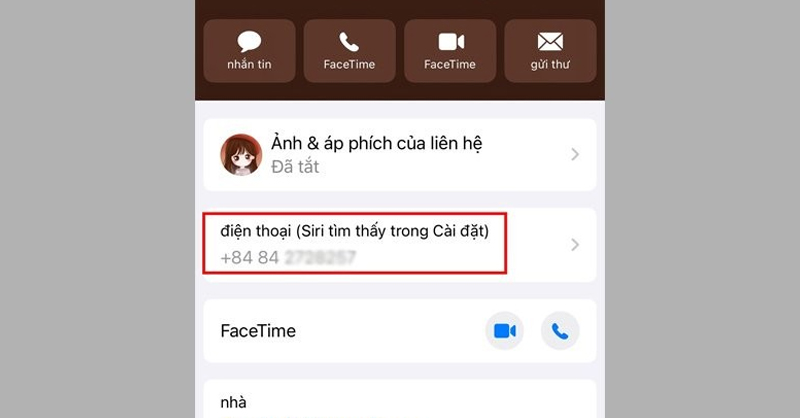 Số điện thoại sẽ được hiển thị trong mục điện thoại