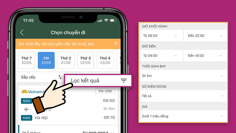 Sử dụng Lọc kết quả để tìm được vé phù hợp nhất