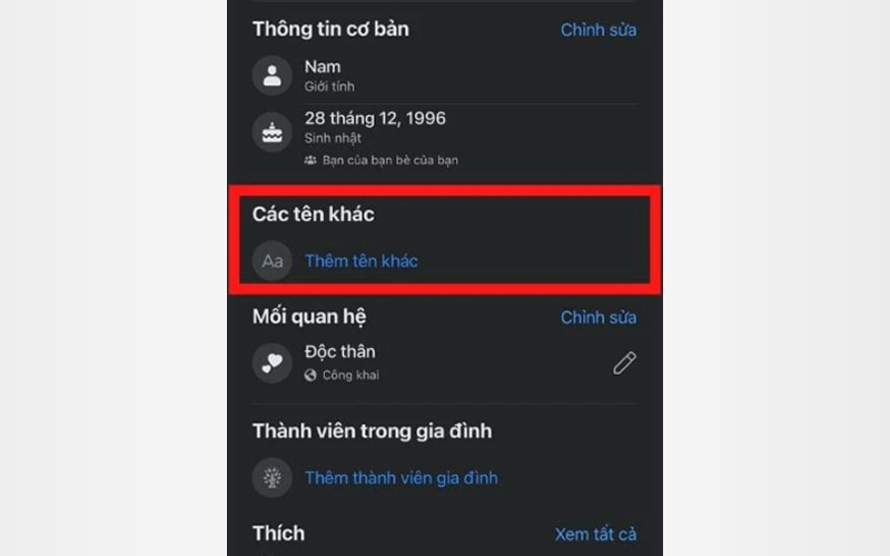 Tại mục Các tên khác, người dùng nhấn vào tùy chọn Thêm tên khác