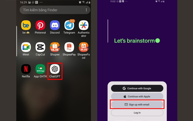 Tải và mở ứng dụng ChatGPT, sau đó chọn Sign up with email