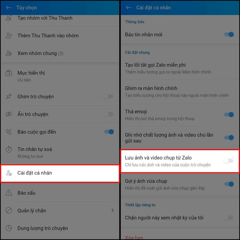 Tắt Lưu ảnh và video chụp từ Zalo cho từng cuộc trò chuyện