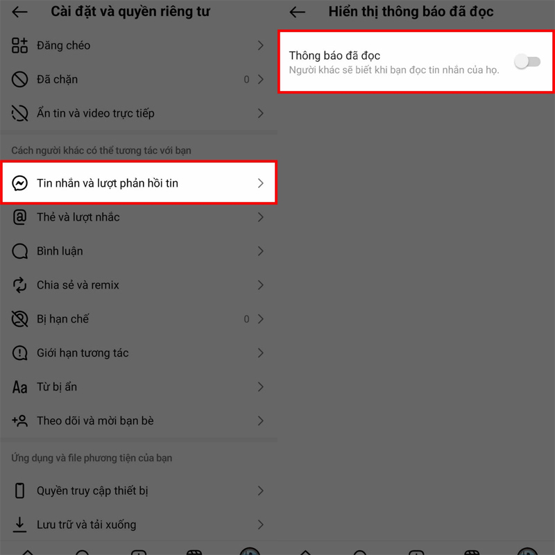 Tắt thông báo đã đọc trong mục Tin nhắn và lượt phản hồi tin
