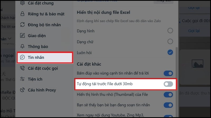 Tắt tùy chọn Tự động tải trước File dưới 30MB