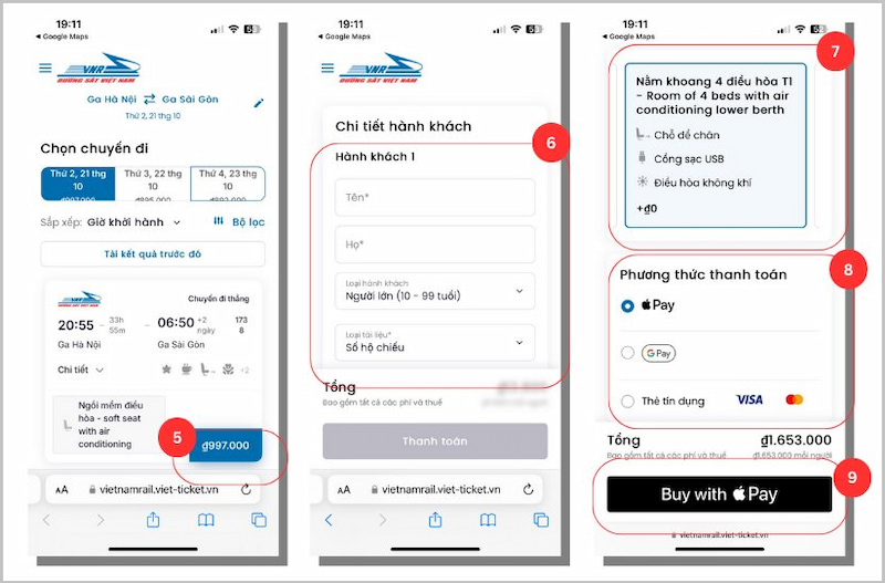 Nhấn thanh toán để mua vé tàu trên Google Maps