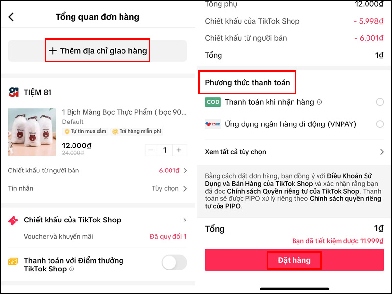 Thêm địa chỉ mua hàng, phương thức thanh toán và chọn Đặt hàng