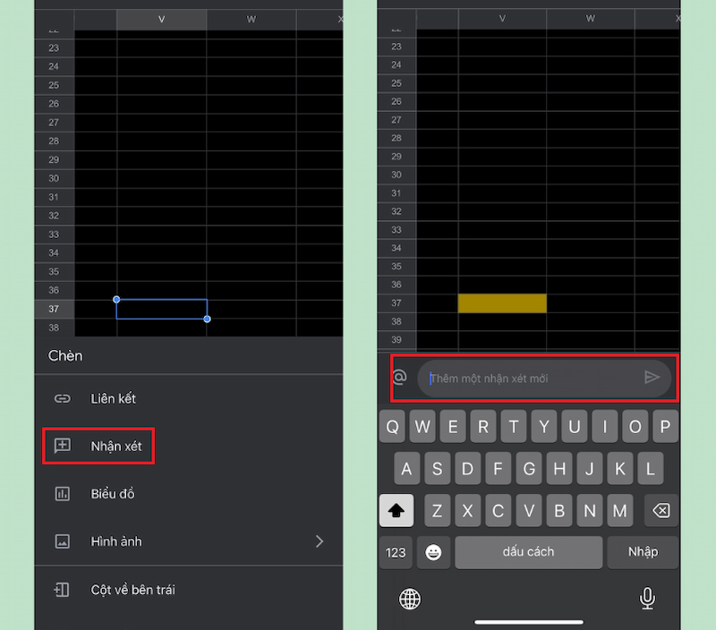 Thêm nhận xét vào Excel trên điện thoại