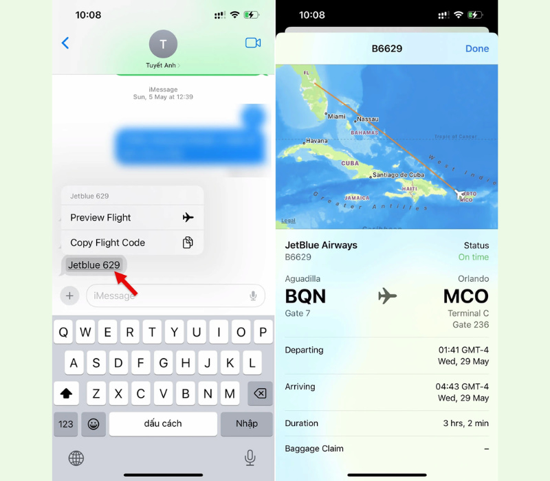 Theo dõi chuyến bay trên iPhone trong ứng dụng iMessage