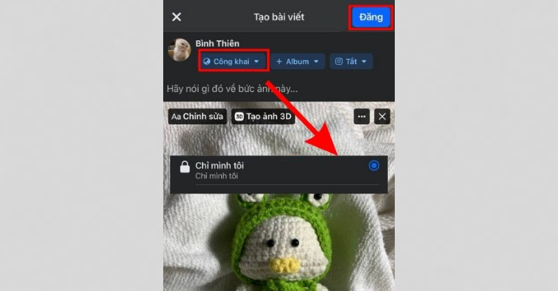 Thiết lập chế độ Chỉ mình tôi và nhấn Đăng để tải ảnh lên
