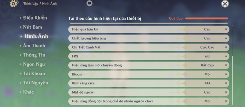 Thiết lập đồ họa đối với game Genshin Impact