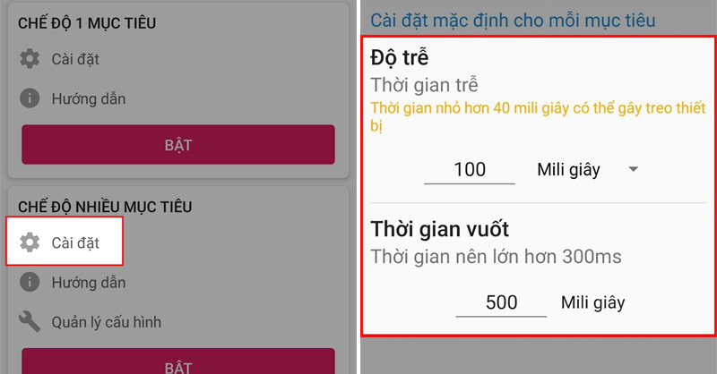 Thiết lập độ trễ và Thời gian vuốt cho chế độ nhiều mục tiêu