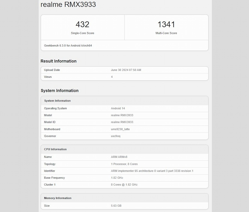 Thông tin Realme Note 60 trên chứng nhận Geekbench