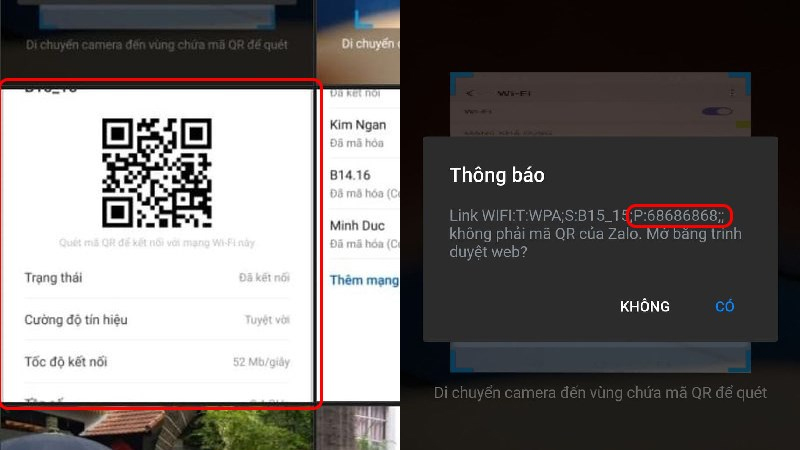 Tiến hành quét mã QR và xem mật khẩu hiển thị tại mục Thông báo