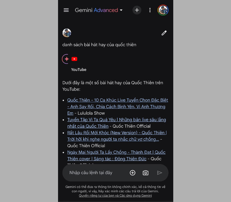 Tìm bài hát YouTube trên Gemini