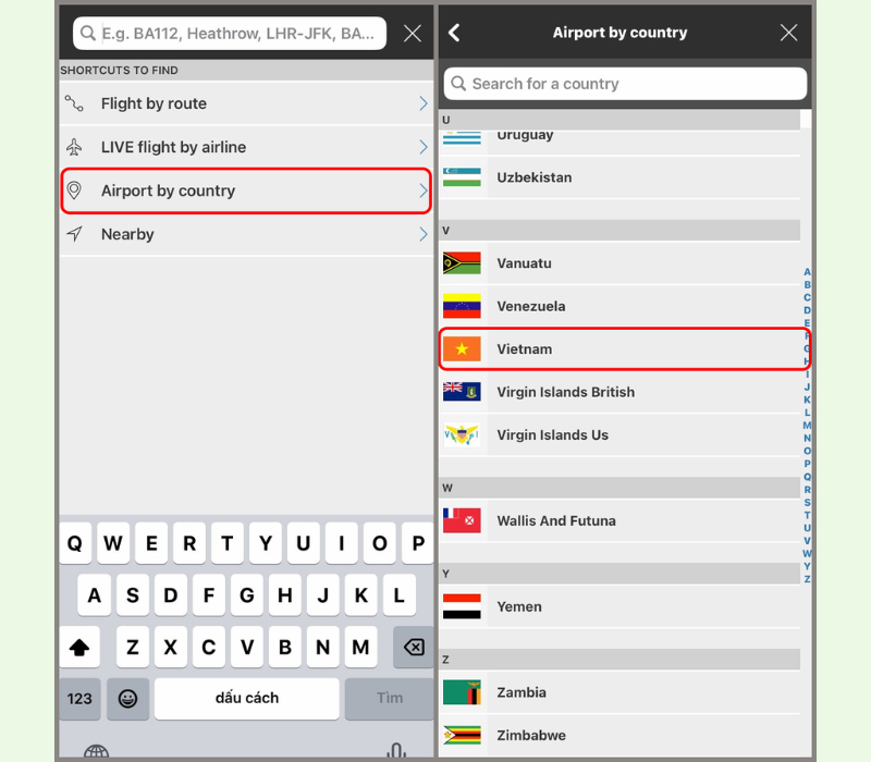 Tìm kiếm sân bay dựa theo tên quốc gia