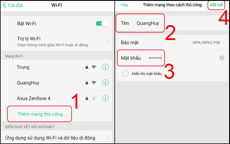 Nhấn vào tùy chọn Thêm mạng thủ công và tiến hành kết nối WiFi