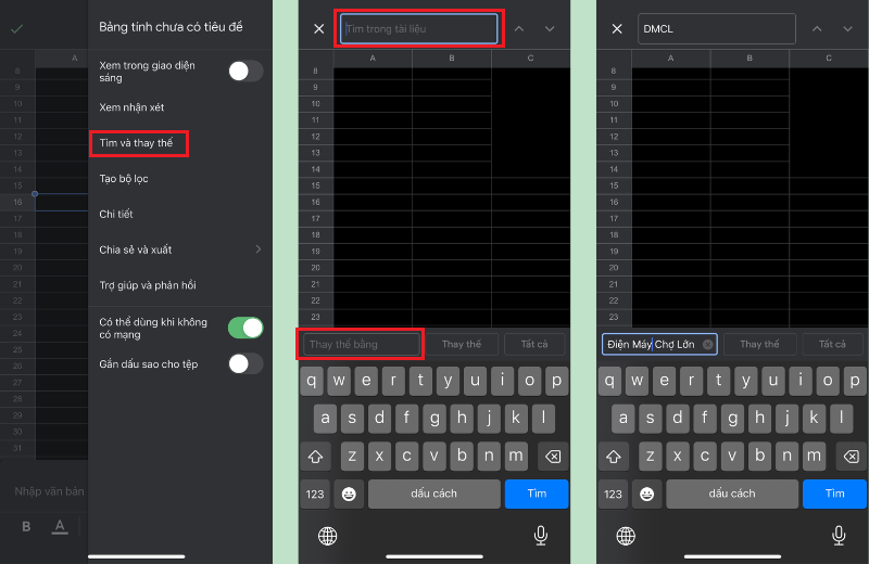 Thao tác tìm và thay thế trên Excel điện thoại