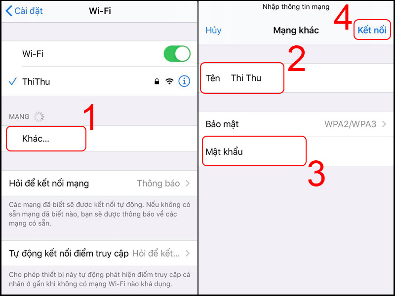 Nhấn vào mục Khác và nhập thông tin để kết nối WiFi