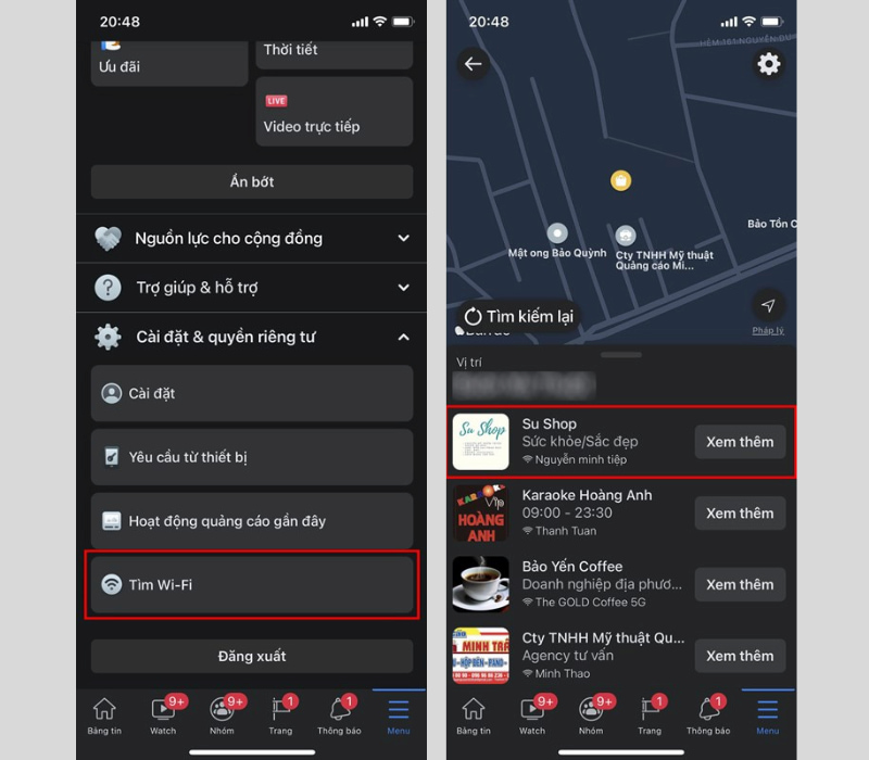 Tìm Wifi trên ứng dụng Facebook