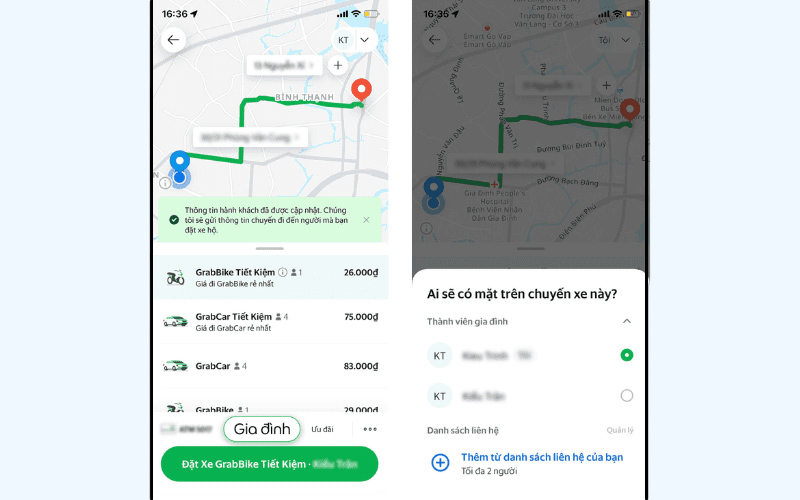 Đặt xe hộ các thành viên trong gia đình trên Grab