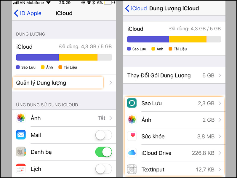 Toàn bộ thông tin về iCloud sẽ được hiển thị tại mục Quản lý dung lượng