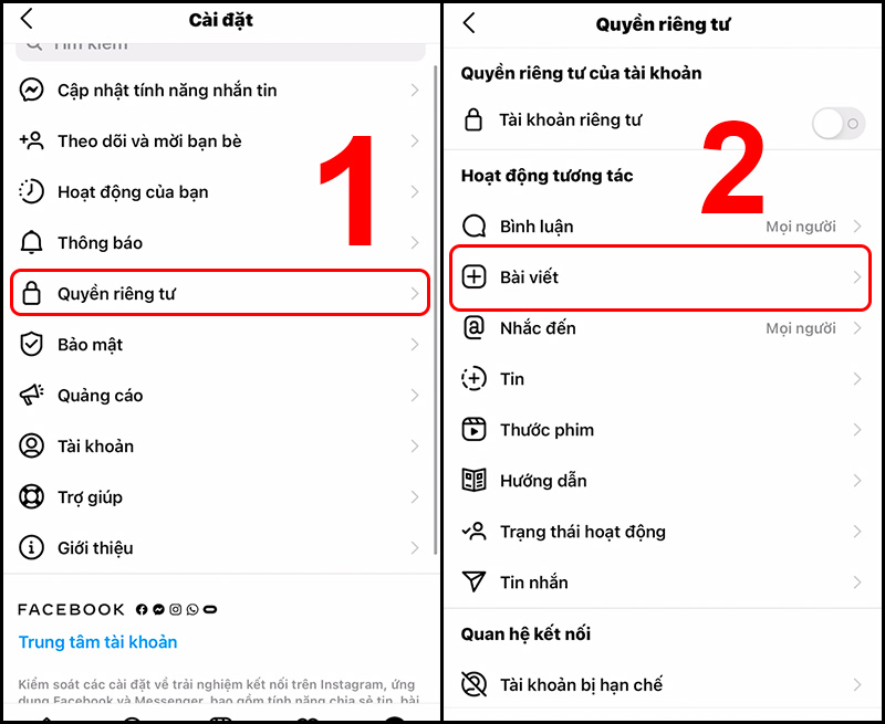 Trong mục Quyền riêng tư chọn vào Bài viết