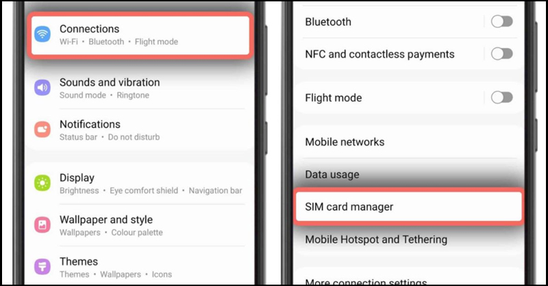 Truy cập vào Cài đặt và chọn Kết nối, sau đó chọn quản lý SIM