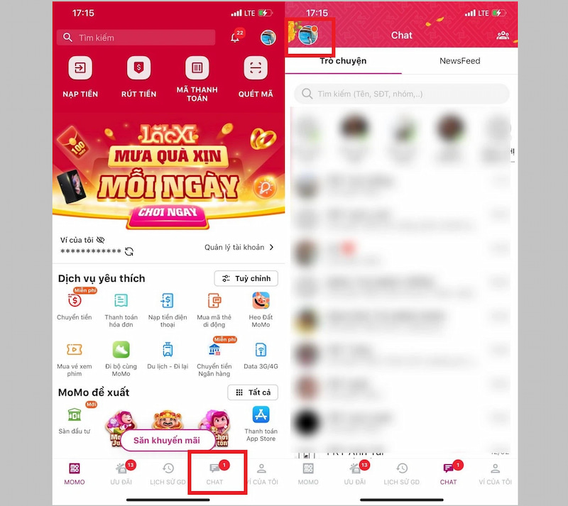 Truy cập vào mục Chat trên MoMo