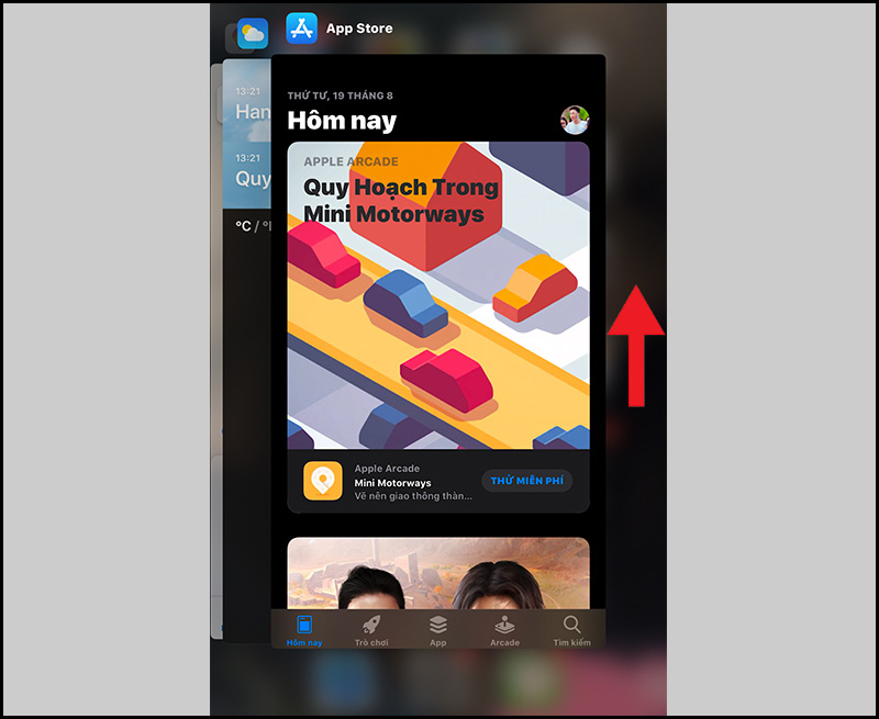 Vuốt lên trên để tắt ứng dụng chạy ngầm
