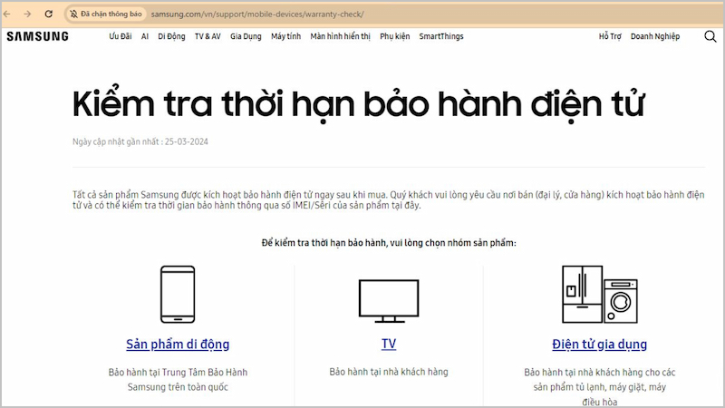 Truy cập trang web kiểm tra thời hạn bảo hành Samsung