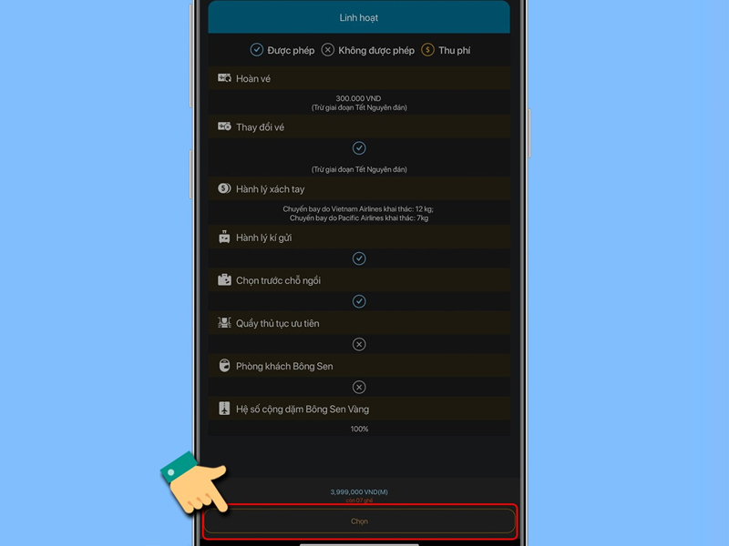 Xem lại thông tin chuyến bay và nhấn Chọn chuyên bay