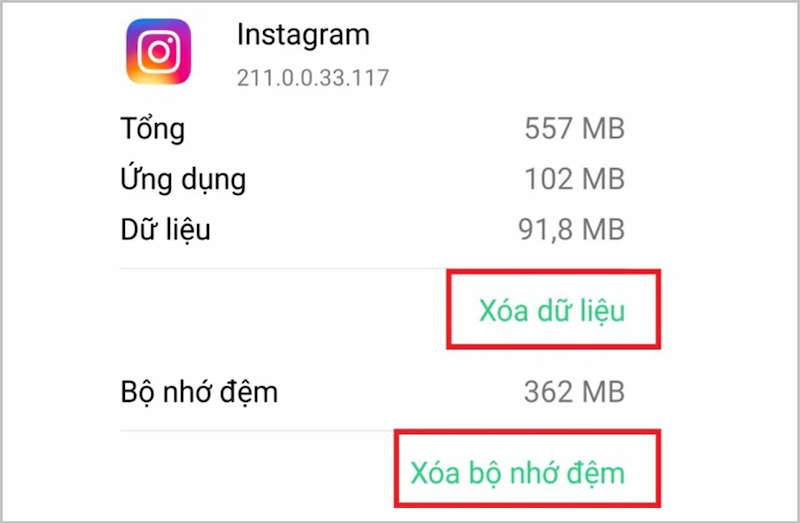 Xóa dữ liệu và bộ nhớ đệm Instagram