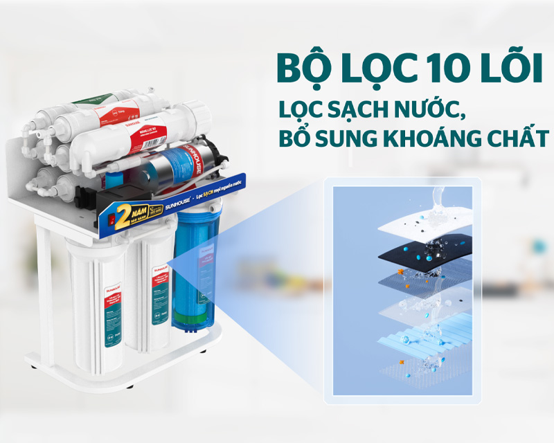 Bộ lọc 10 lõi lọc sạch nước, bổ sung khoáng chất