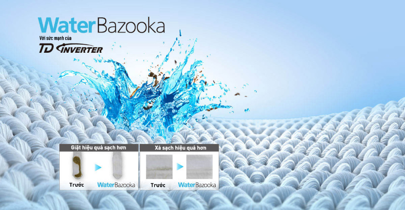 Công nghệ Water Bazooka loại bỏ cặn bột giặt trên bề mặt quần áo hiệu quả