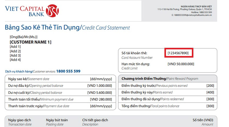 Bảng sao kê thẻ tín dụng ngân hàng Việt Capital Bank