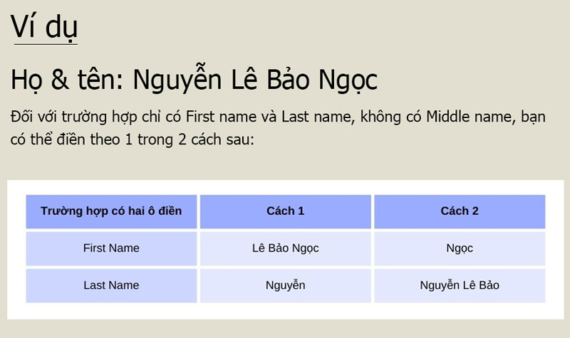 Cách điền First name và Last name theo tên tiếng Việt 