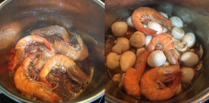 Kho tôm cùng trứng cút trong nồi cho thấm đều gia vị