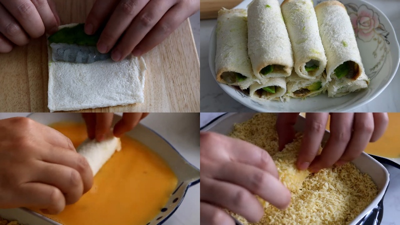 Cuốn bánh mì sandwich với tôm và rau, chuẩn bị chiên