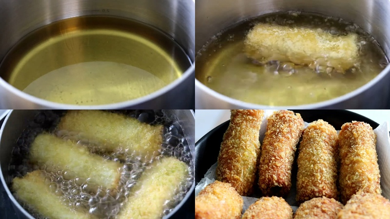 Chiên bánh mì sandwich cuộn tôm trong dầu nóng