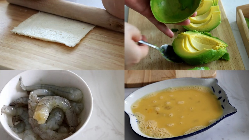 Sơ chế nguyên liệu tôm, bơ, bánh mì sandwich chuẩn bị cho bước tiếp theo