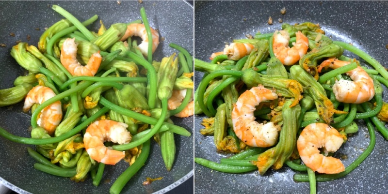 Xào bông bí cùng tôm trên chảo