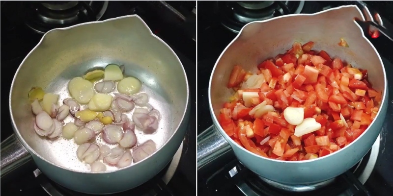 Phi hành tỏi thơm và cho cà chua vào xào làm sốt
