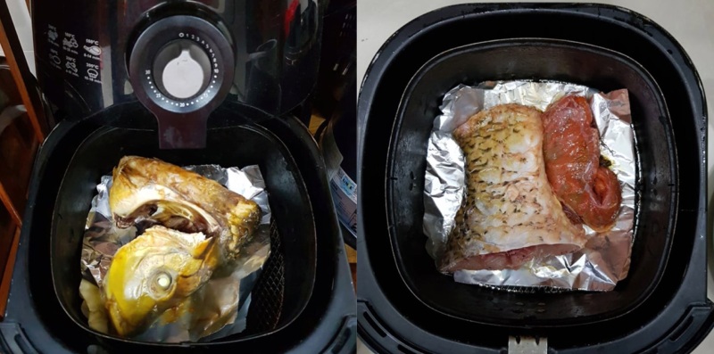 Chiên sơ cá chép bằng nồi chiên không dầu để cá săn chắc trước khi om dưa