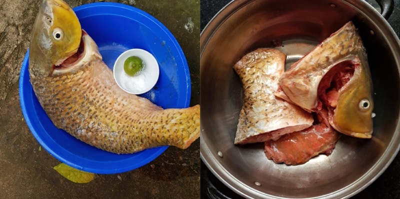 Cá chép làm sạch cắt khúc trước khi om dưa