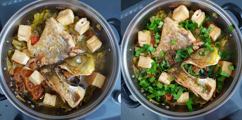 Om cá chép với dưa cải chua và đậu phụ trong nồi