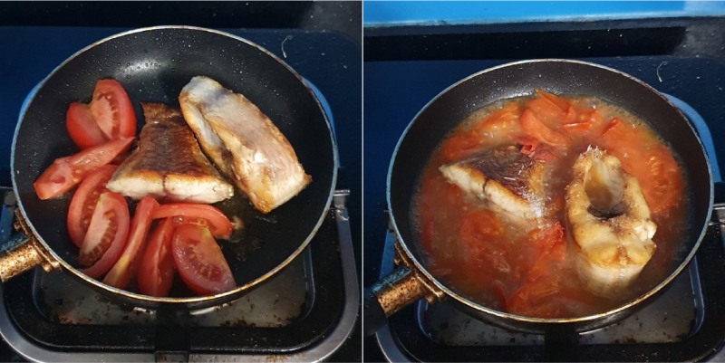 Chiên cá diêu hồng với cà chua trong chảo