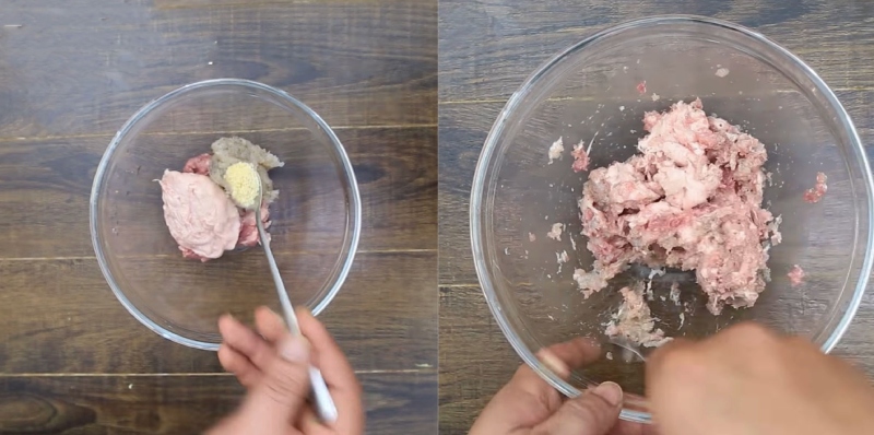 Trộn nhân tôm đã xay với giò sống