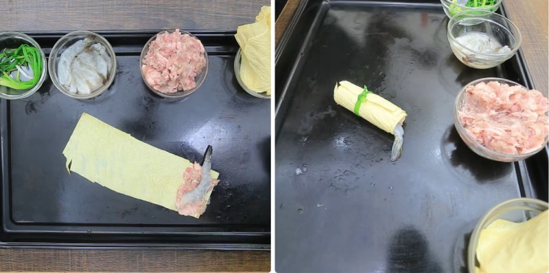 Cuốn đậu hũ ky với tôm trước khi chiên