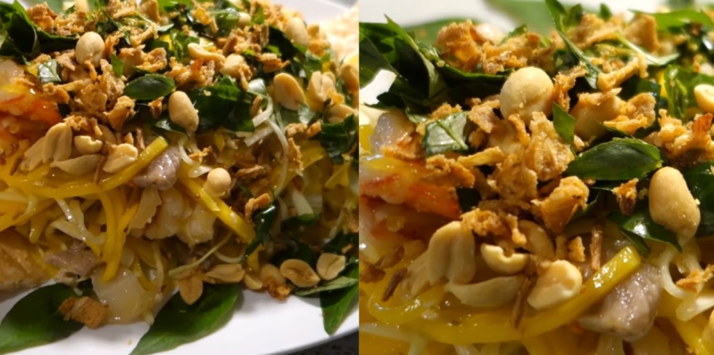 Gỏi bắp cải tôm thịt trộn rau thơm, có rắc đậu phộng