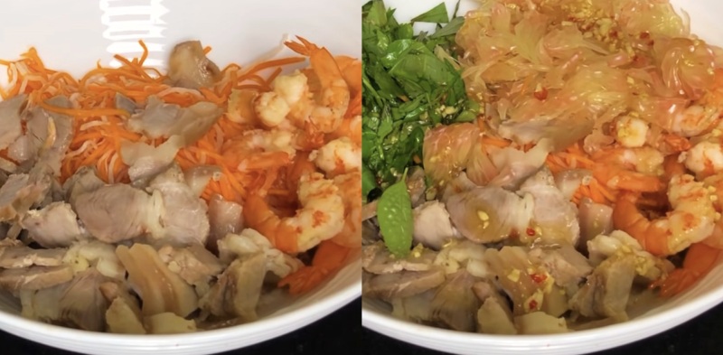 Công đoạn trộn gỏi bưởi tôm thịt